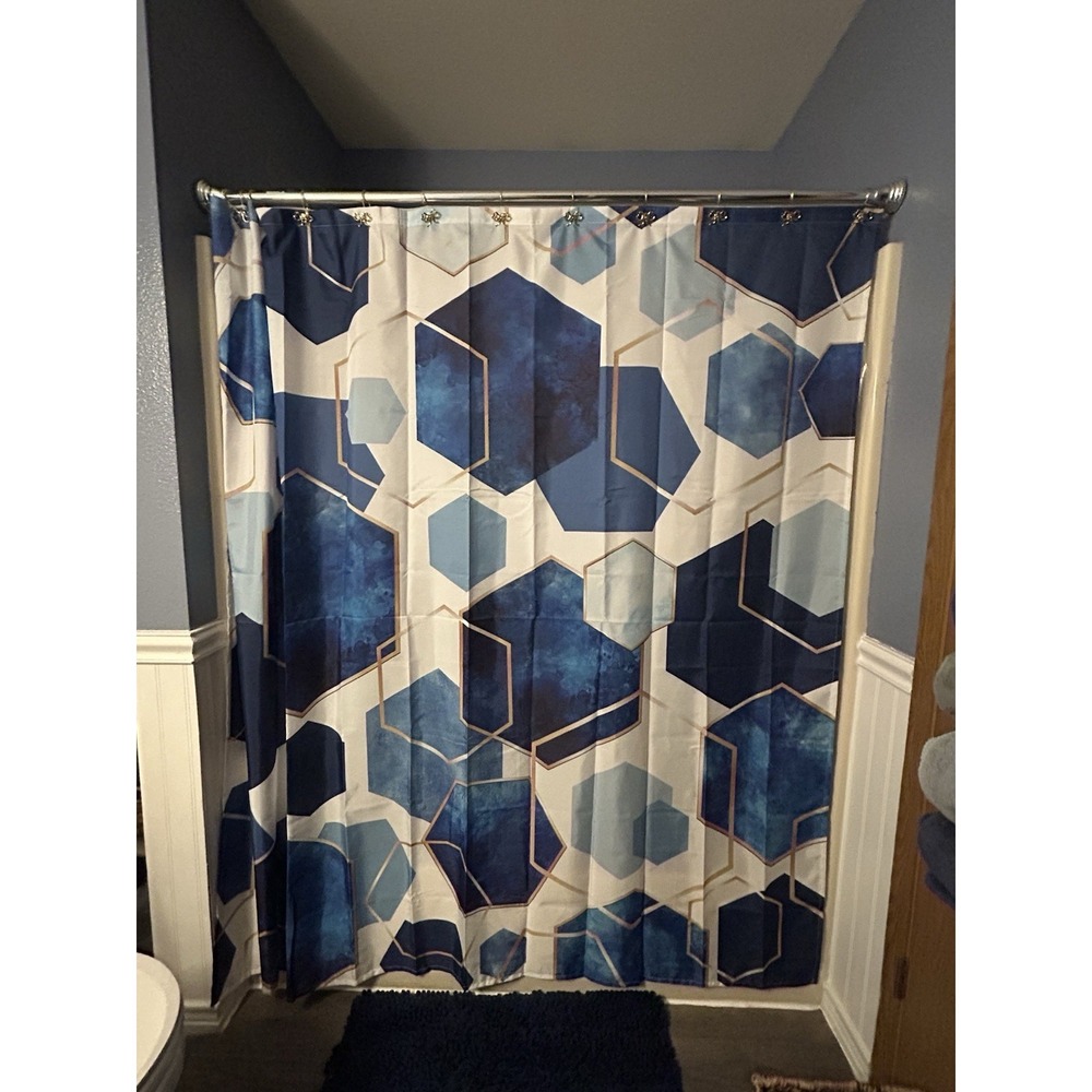 Abstract Blue & Gold Shower Curtain With Bow Golf Hooks Waterproof Bathroom Set